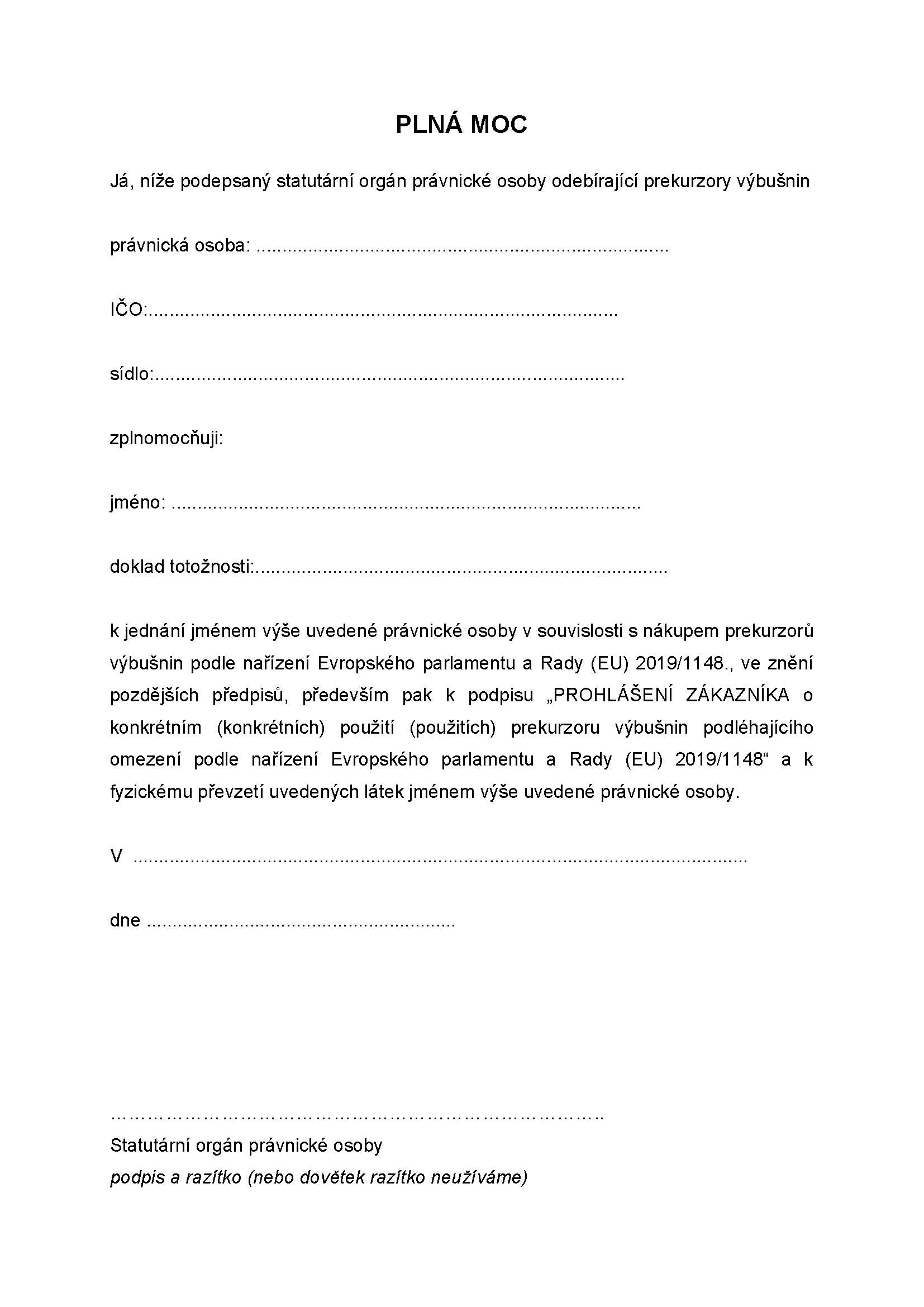 Prekurzory výbušnin - plná moc k zastupování